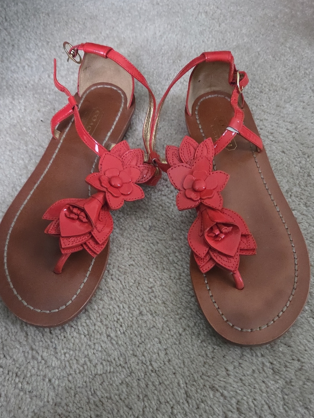 Coach Orange Patent LEATHER Floral T-Strap Sandals Women's Size 6